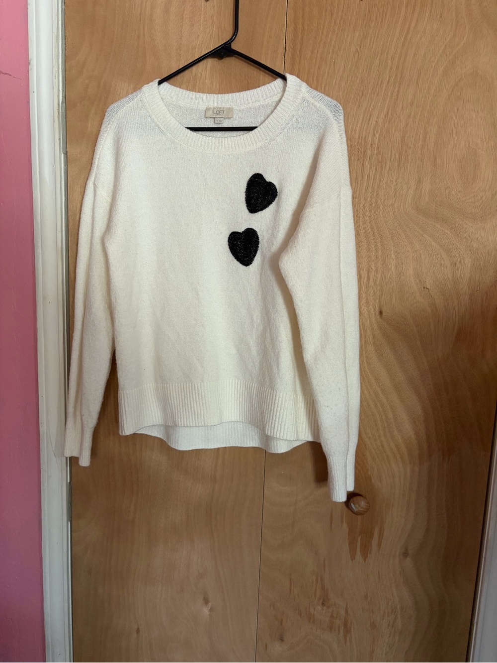 LOFT White Crewneck Sweater with Black Heart Appliqués